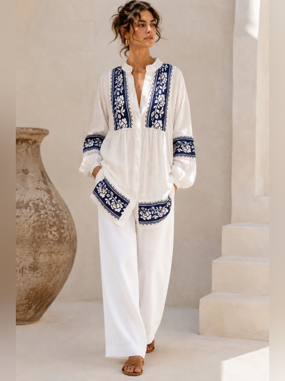 Serpil Embroidered Boho Tunic Top | White & Cobalt Blue Folk Embroidery